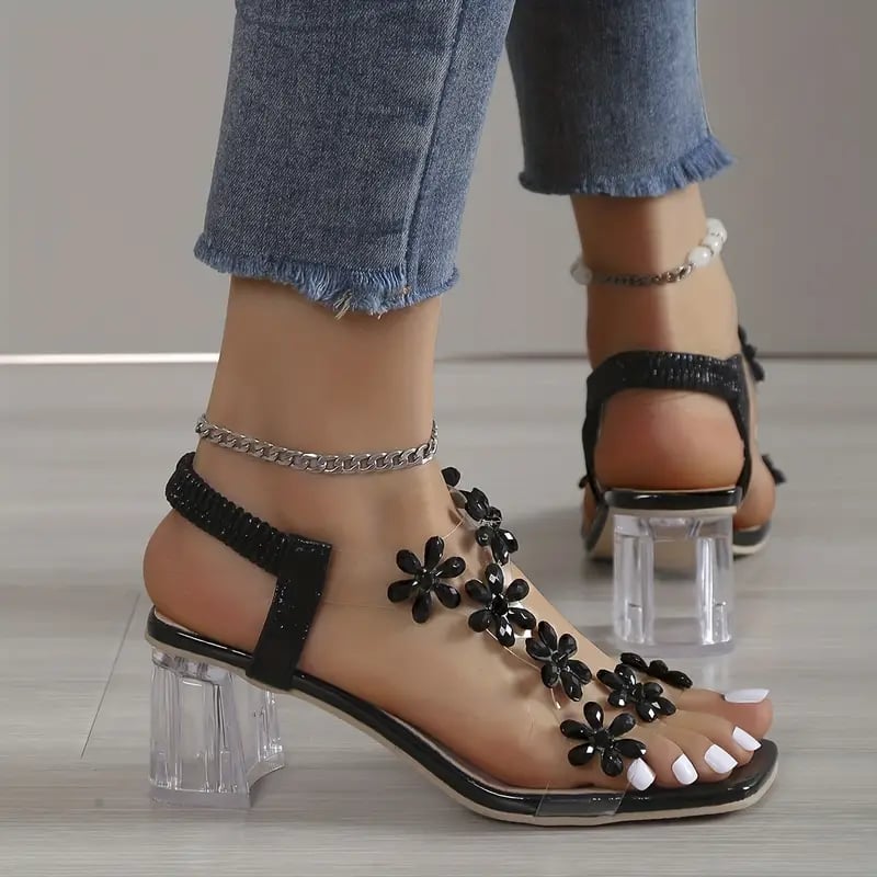 Dameblomst Rhinestone Block Hæl Sandaler