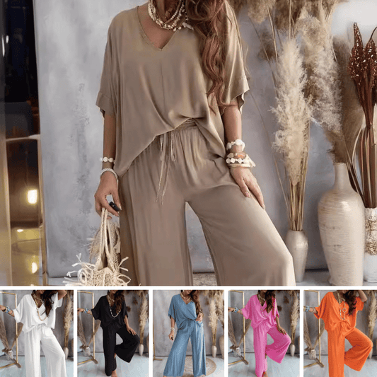 💕V-hals, flaggermuserme, avslappet, løs, vide benbukser