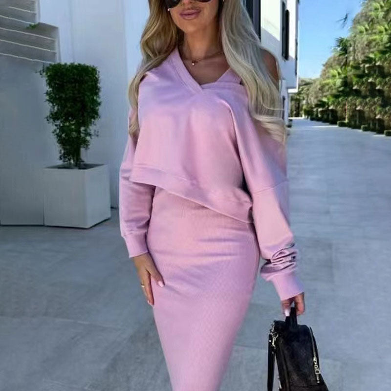 💥2-dels sett for kvinner, ermeløs kjole og løs genser med v-hals