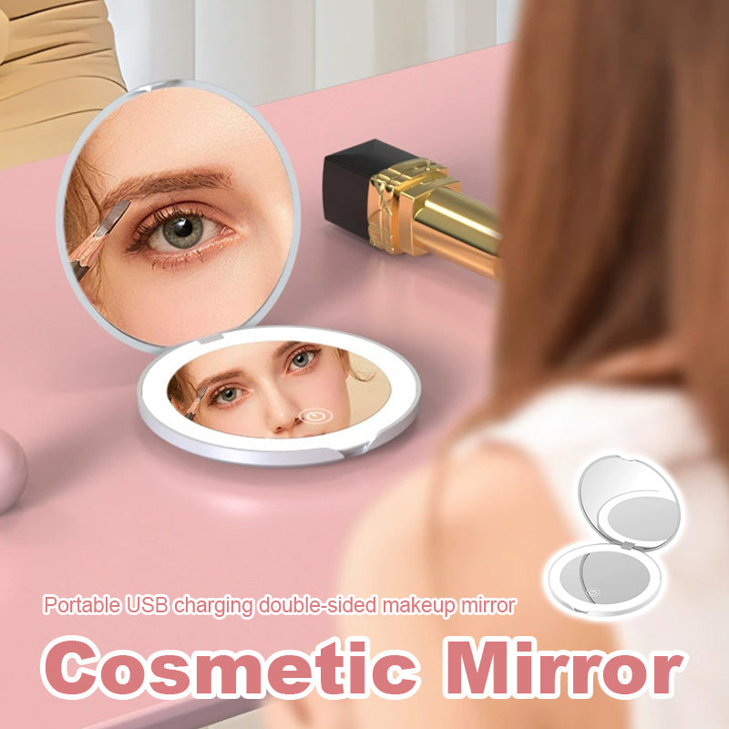 Bærbart, dobbeltsidig sminkespeil med USB-ladefunksjon
