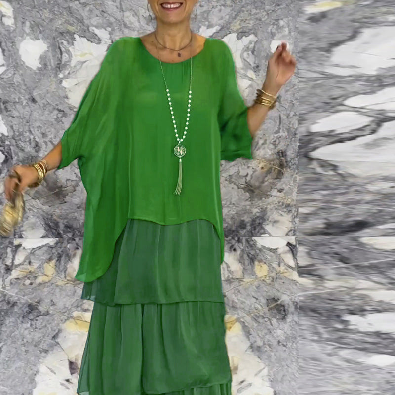 Kunstnerisk løs kjole/chiffon mesh dolman ermet rund hals lang kjole