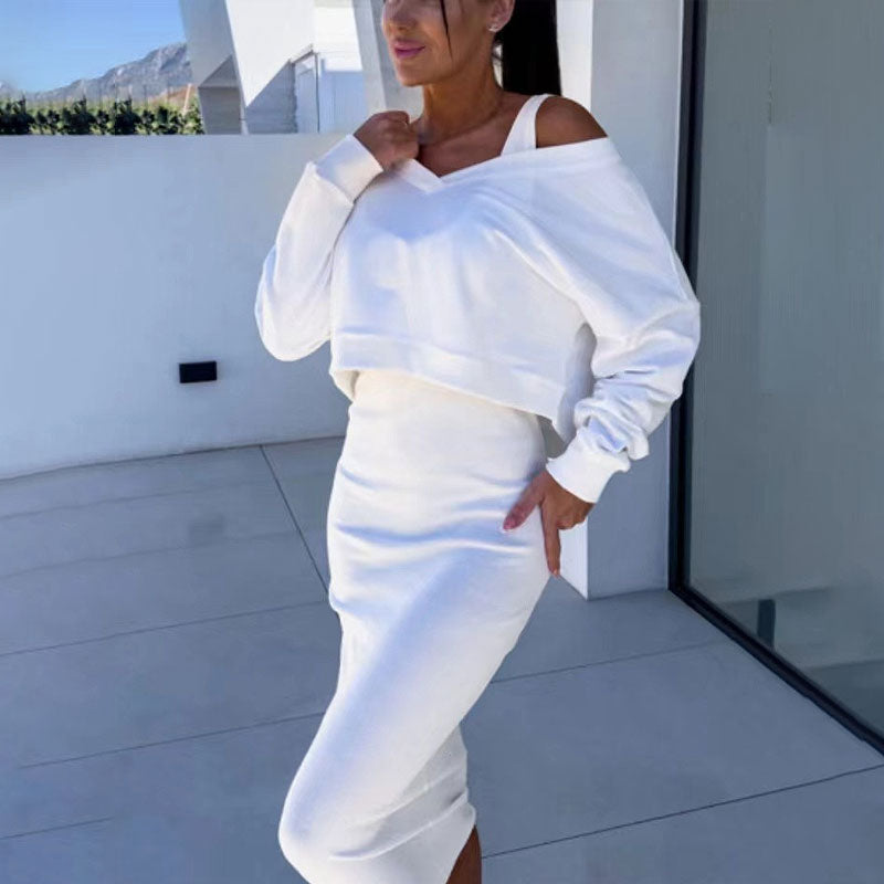 💥2-dels sett for kvinner, ermeløs kjole og løs genser med v-hals