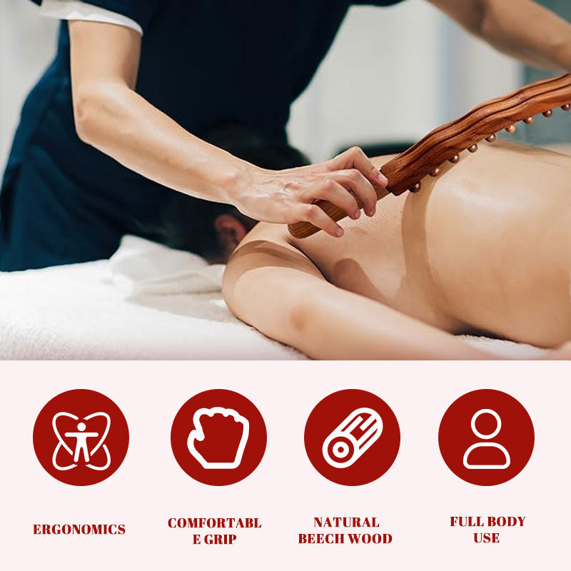 Massasjestav i bøketre | Dobbel rad med kuler for magemassasje og åpning av meridianene