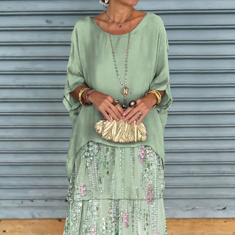 Kunstnerisk løs kjole/chiffon mesh dolman ermet rund hals lang kjole