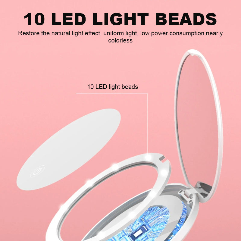 Bærbart, dobbeltsidig sminkespeil med USB-ladefunksjon