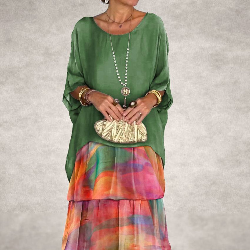 Kunstnerisk løs kjole/chiffon mesh dolman ermet rund hals lang kjole