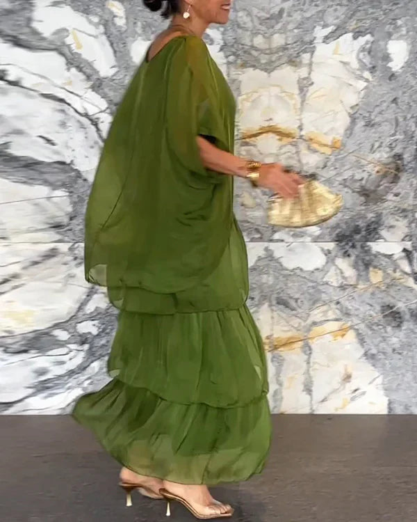 Kunstnerisk løs kjole/ Chiffon ermeløs Dolman-ermet lang kjole med rund hals