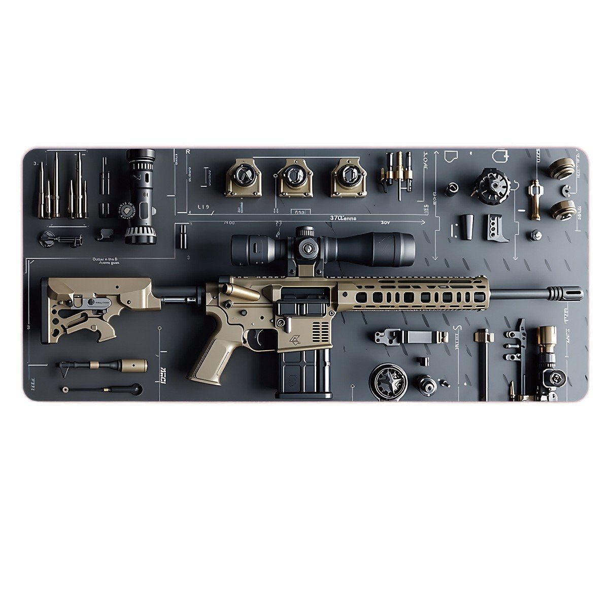 Kule militære våpenkonstruksjoner Våpendeler - stor musematte for spill, stilig skrivebordsbeskytter med sklisikker gummi, flere størrelser for bruk på bærbar og stasjonær PC