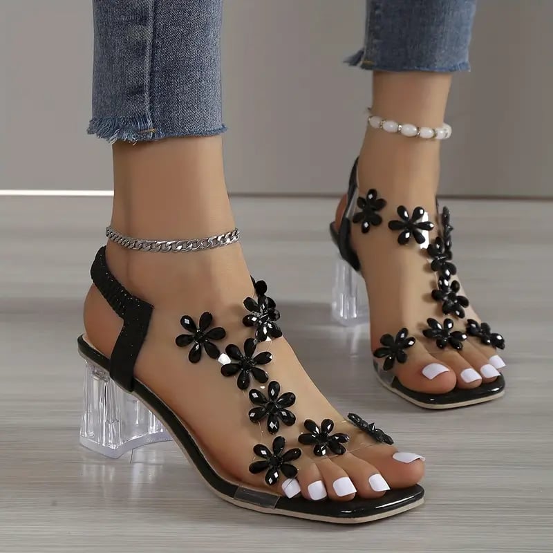 Dameblomst Rhinestone Block Hæl Sandaler