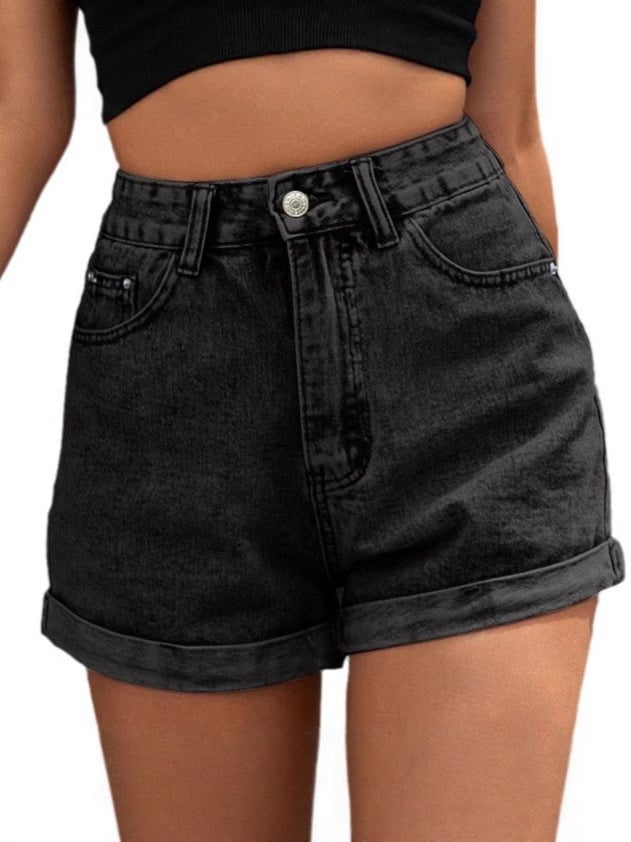 Mellomhøy midje med knapper og glidelås, flere lommer, elastisk strikket denimshorts med avslappet passfor