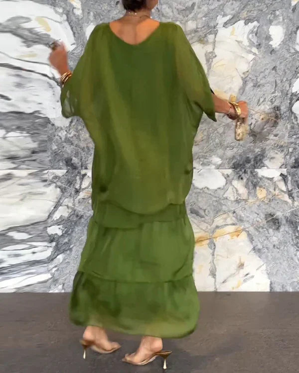 Kunstnerisk løs kjole/ Chiffon ermeløs Dolman-ermet lang kjole med rund hals