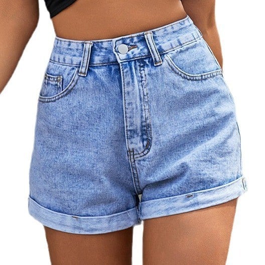 Mellomhøy midje med knapper og glidelås, flere lommer, elastisk strikket denimshorts med avslappet passfor
