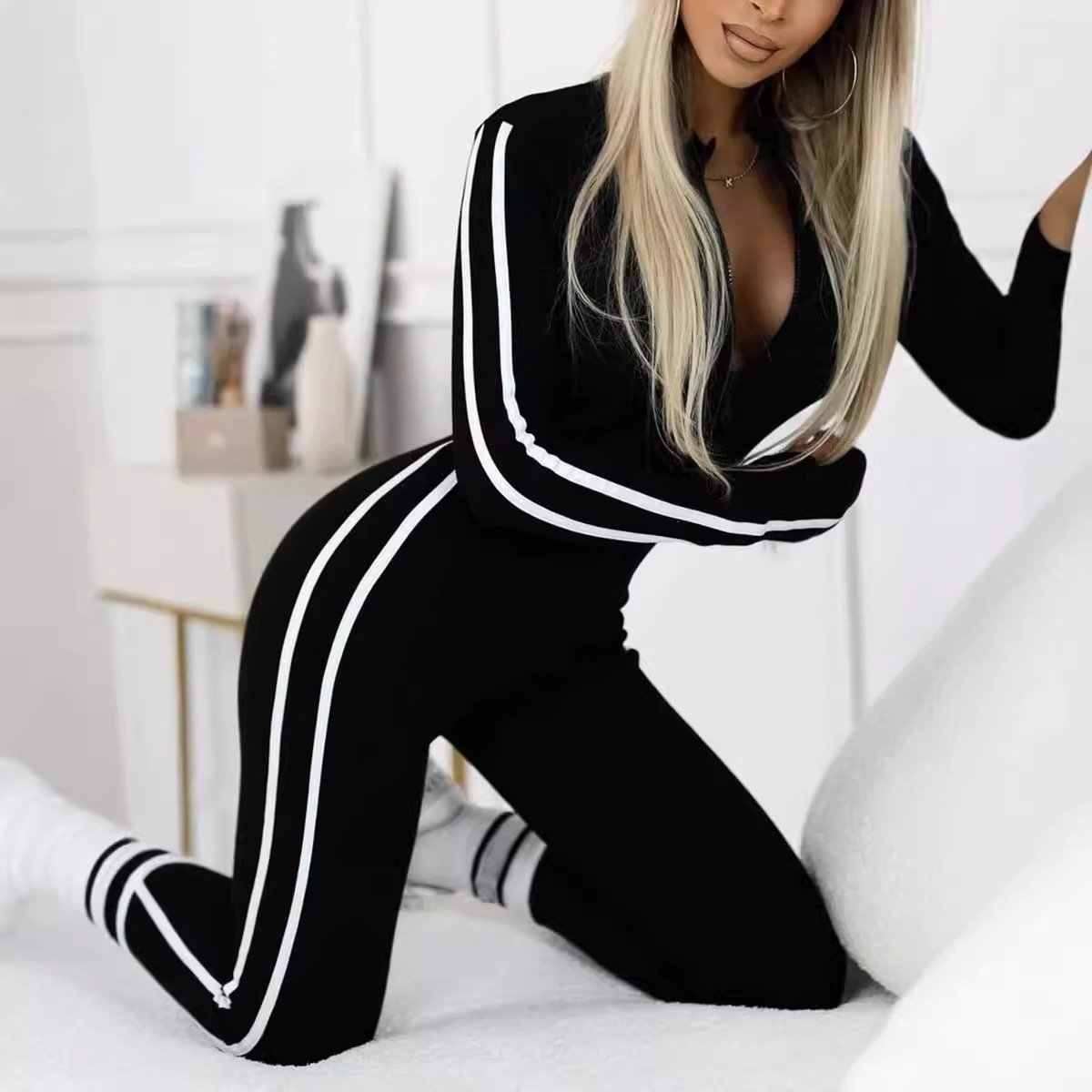 {Gratis Frakt}Slim Fit Side Web Jumpsuit Med Halv Glidelås For Kvinner