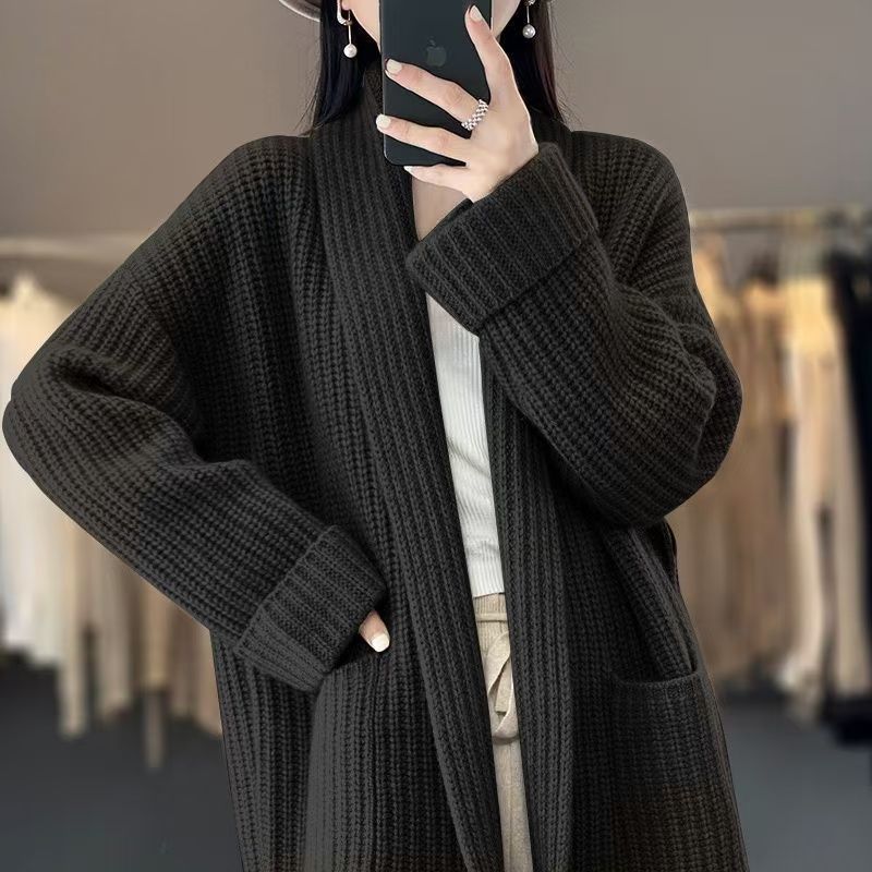 （Gratis frakt）Strikket ullcardigan med lommer