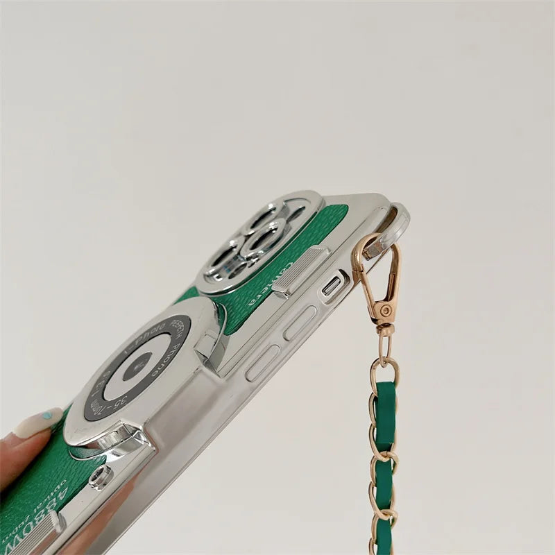 Retrokamera med nøkkelbånd i skinnveske