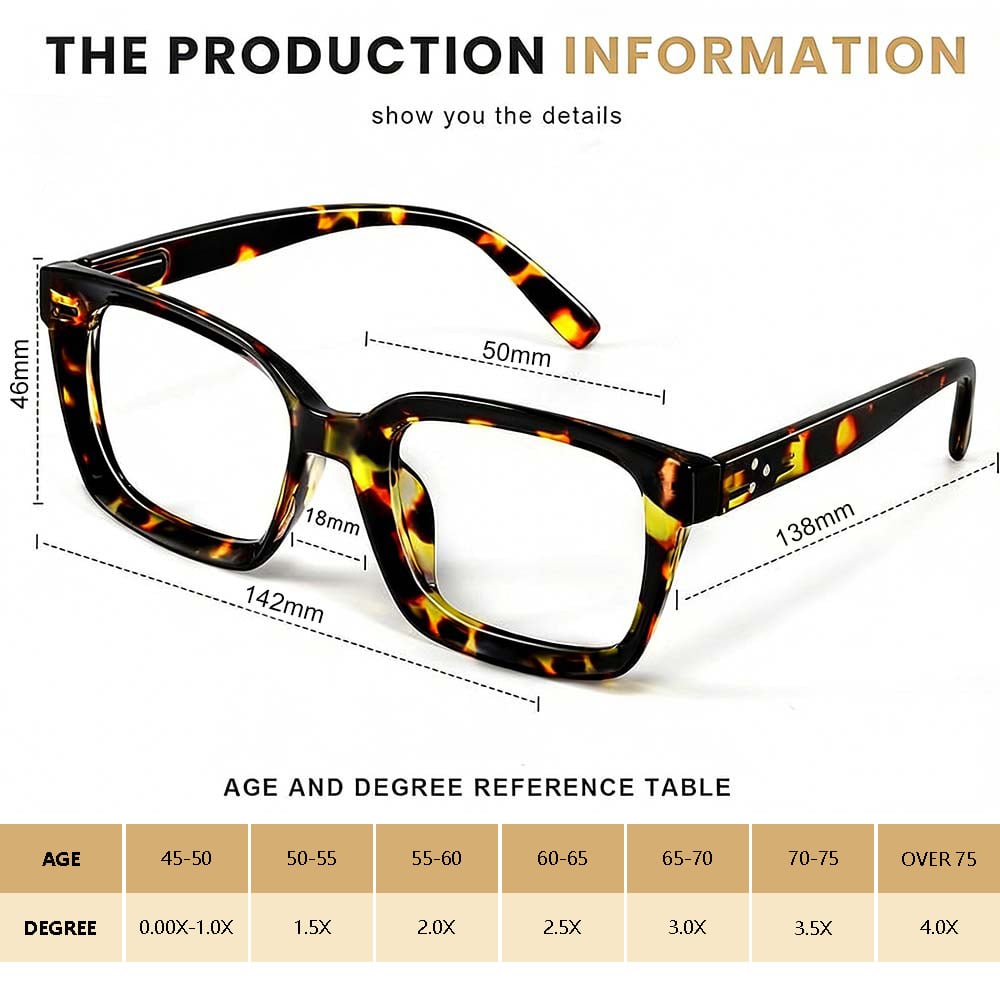 👓3-pakning lesebriller i skilpaddeskall - Overdimensjonerte, firkantede lesebriller som blokkerer blått lys