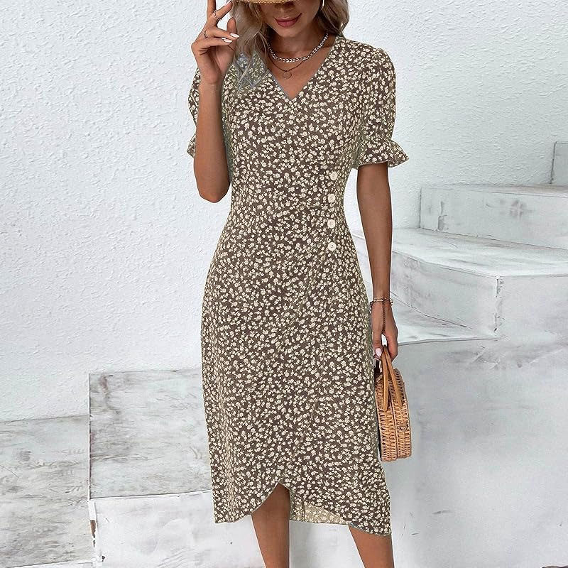 Uformell slå om-kjole med blomster for kvinner