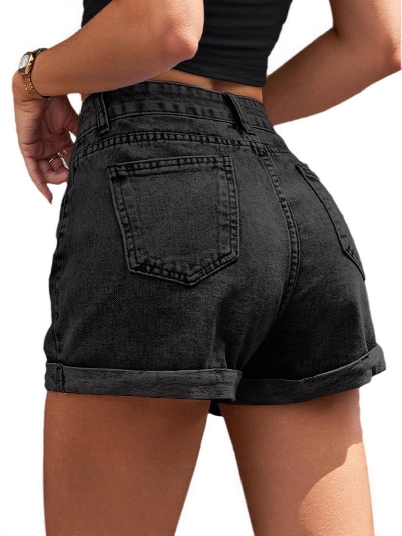 Mellomhøy midje med knapper og glidelås, flere lommer, elastisk strikket denimshorts med avslappet passfor