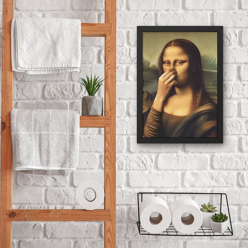 Imitasjon Mona Lisa kunstdekorasjon, morsom vintage toalett humor romdekor
