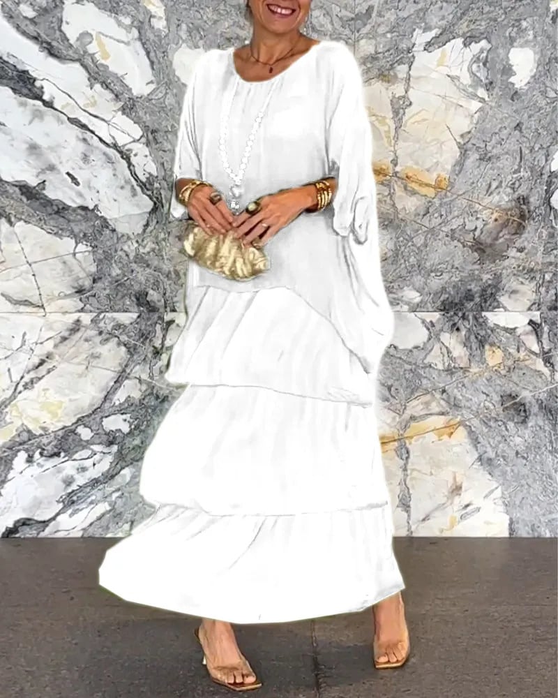 Kunstnerisk løs kjole/chiffon mesh dolman ermet rund hals lang kjole