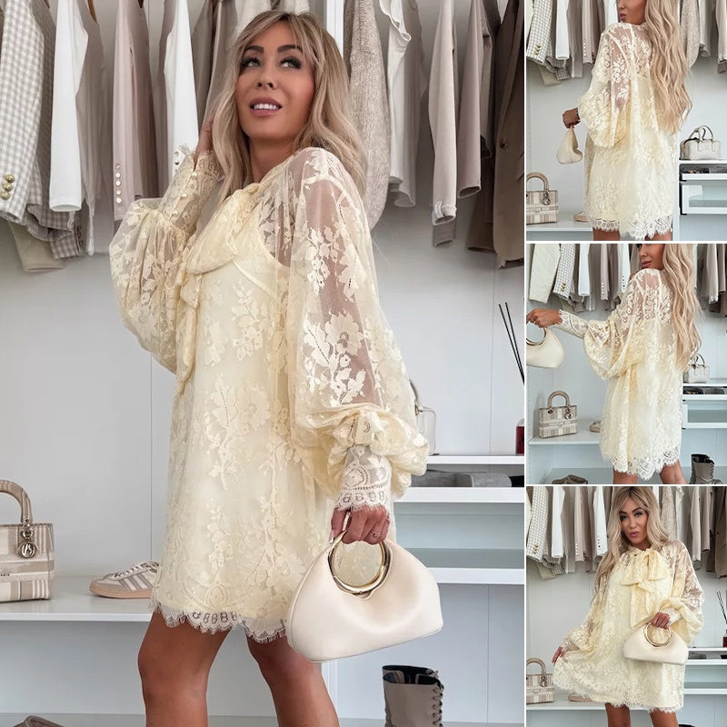 {Gratis Frakt}🌸Vårtilbud🌸 Minikjole i blonder med sløyfe i halsen