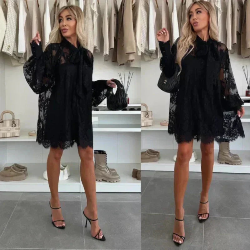 {Gratis Frakt}🌸Vårtilbud🌸 Minikjole i blonder med sløyfe i halsen