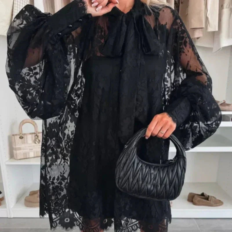 {Gratis Frakt}🌸Vårtilbud🌸 Minikjole i blonder med sløyfe i halsen