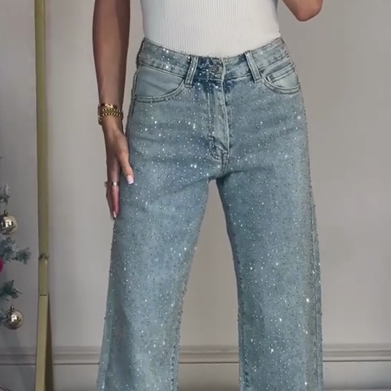 (Gratis frakt)✨Jeans med rette ben og strass